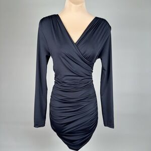 H&M Divided Black Long Sleeve‎ Ruched Wrap V Neck Bodycon Mini Dress Size S